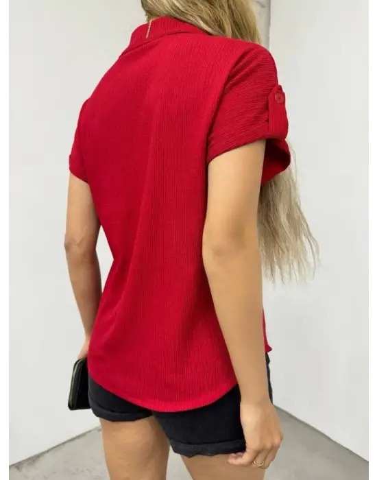 Omarı Bürümcük Detaylı Tek Kol Cepli Gömlek - Bordo