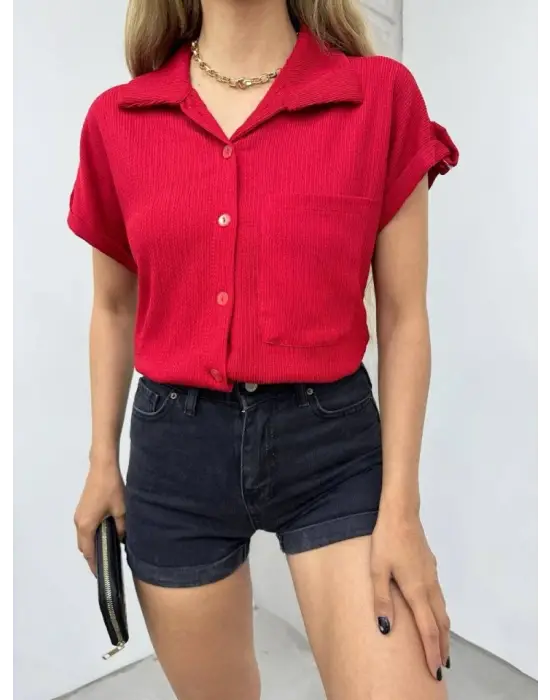 Duble Kol Tek Cepli Bürümcük Gömlek  -Bordo