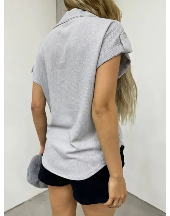 Duble Kol Tek Cepli Bürümcük Gömlek  -Gri