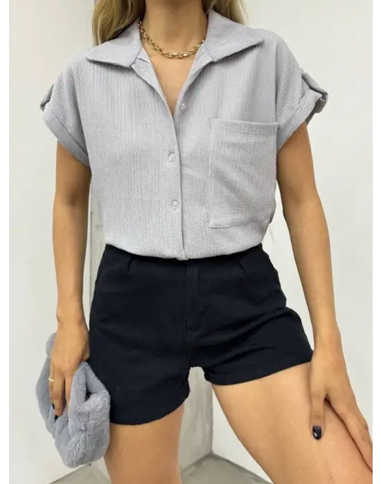 Omarı Modern Stilde Bürümcük Detaylı Gri Gömlek