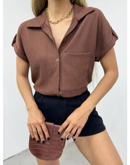 Omarı Kol Detaylı Bürümcük Gömlek - Kahve