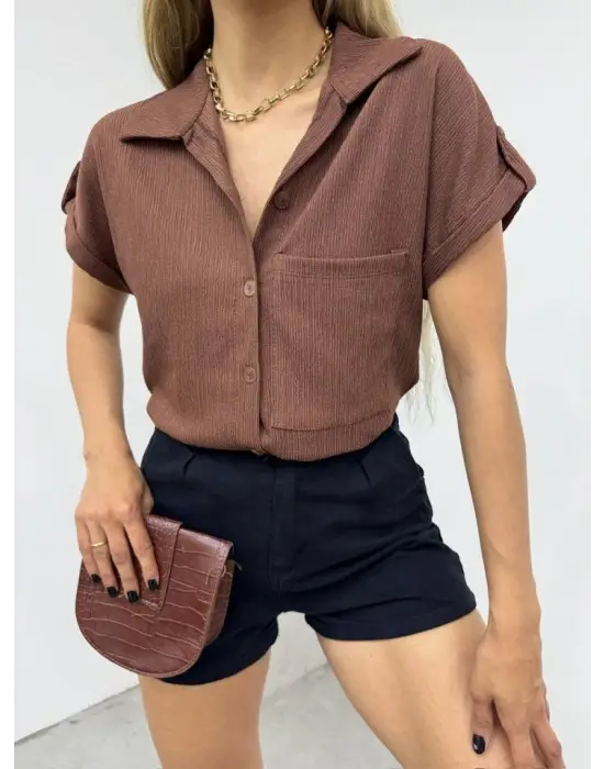Duble Kol Tek Cepli Bürümcük Gömlek-K. Kahve