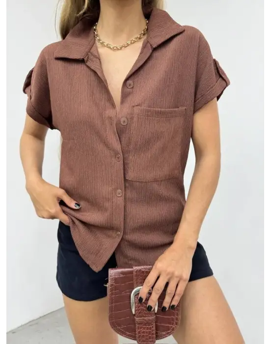 Duble Kol Tek Cepli Bürümcük Gömlek-K. Kahve