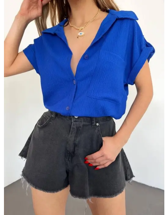 Duble Kol Tek Cepli Bürümcük Gömlek  -Saks