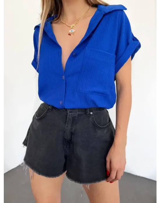 Omarı Şık ve Rahat Tek Cepli Bürümcük Gömlek -Saks