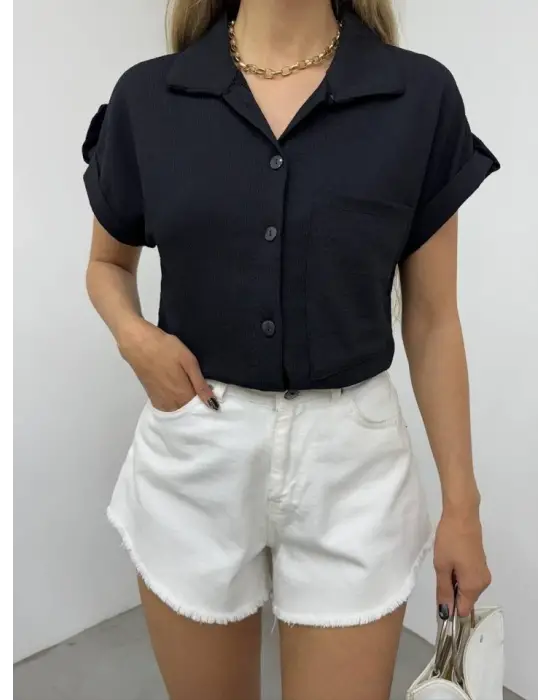 Duble Kol Tek Cepli Bürümcük Gömlek  -Siyah