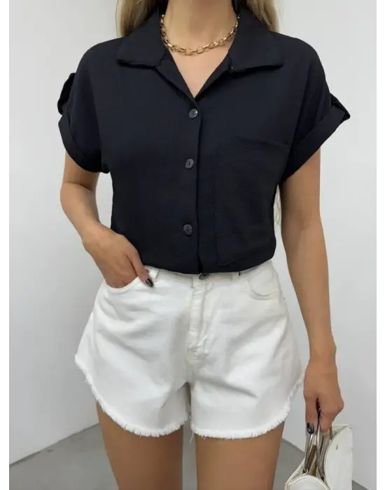 Omarı Siyah Bürümcük Detaylı Tek Kol Gömlek