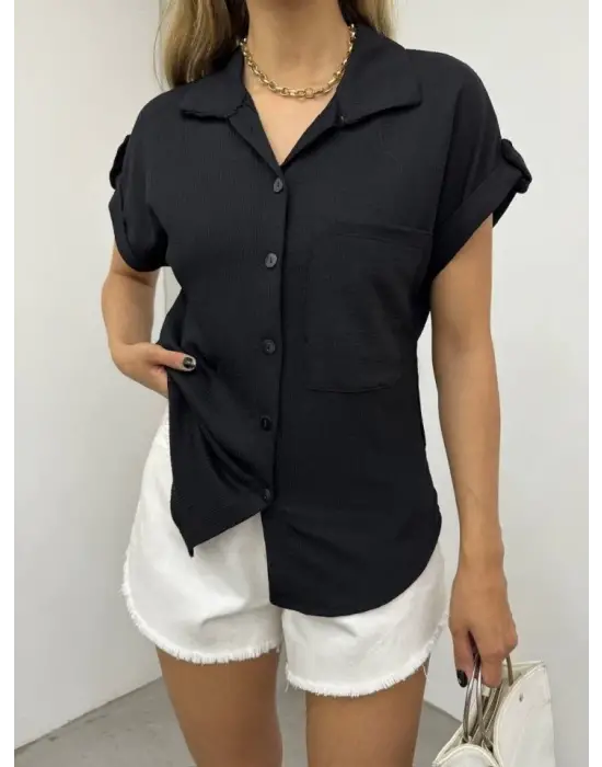 Omarı Siyah Bürümcük Detaylı Tek Kol Gömlek