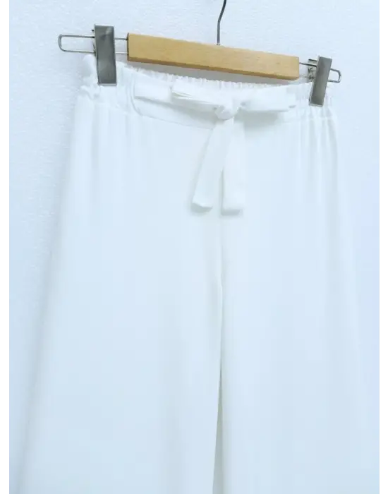 Duble Kumaş Beli Kuşaklı Bol Paça Pantolon  -Beyaz