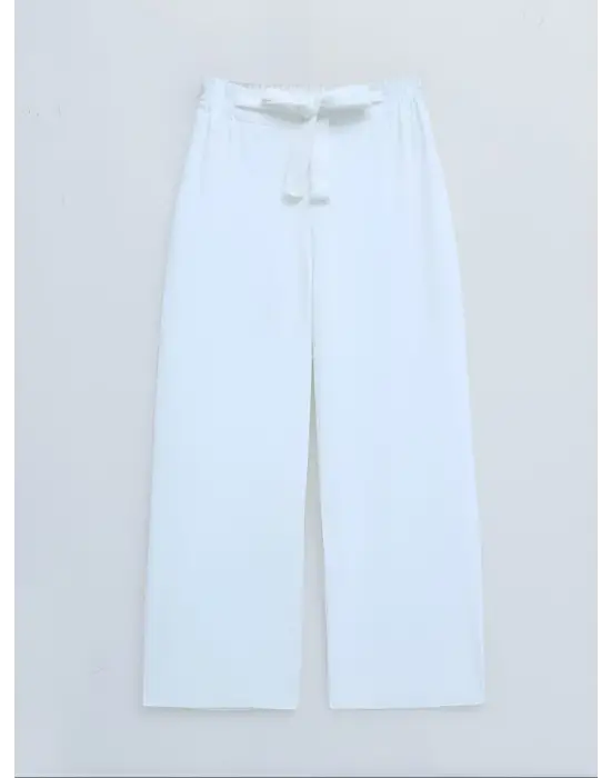 Duble Kumaş Beli Kuşaklı Bol Paça Pantolon  -Beyaz
