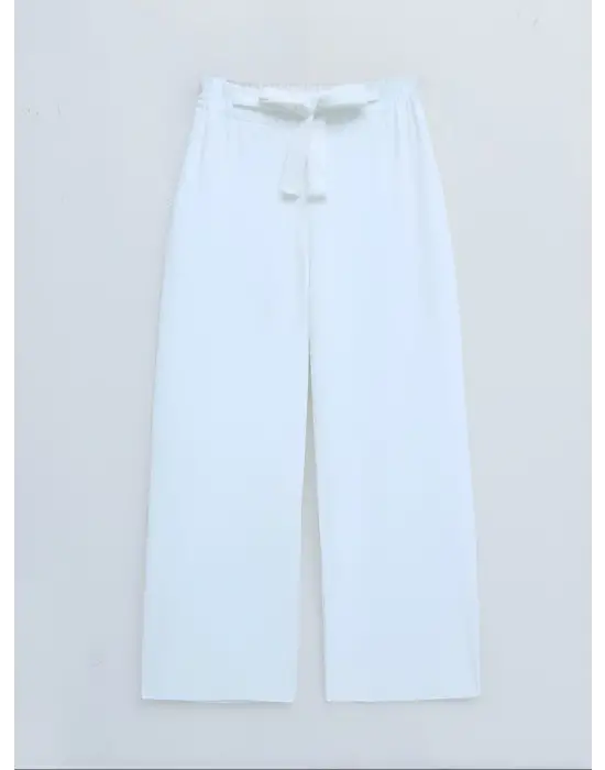 Duble Kumaş Beli Kuşaklı Bol Paça Pantolon  -Beyaz