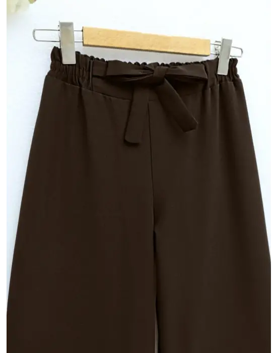 Duble Kumaş Beli Kuşaklı Bol Paça Pantolon  -Kahve
