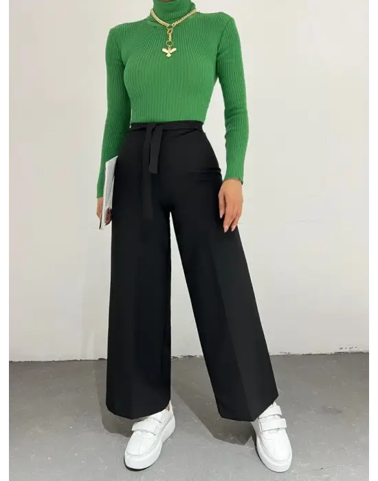 Duble Kumaş Beli Kuşaklı Bol Paça Pantolon -Siyah