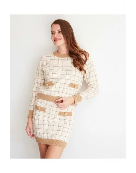 Camel Düğme Detay Uzun Kollu Triko Takım Kadın Giyim