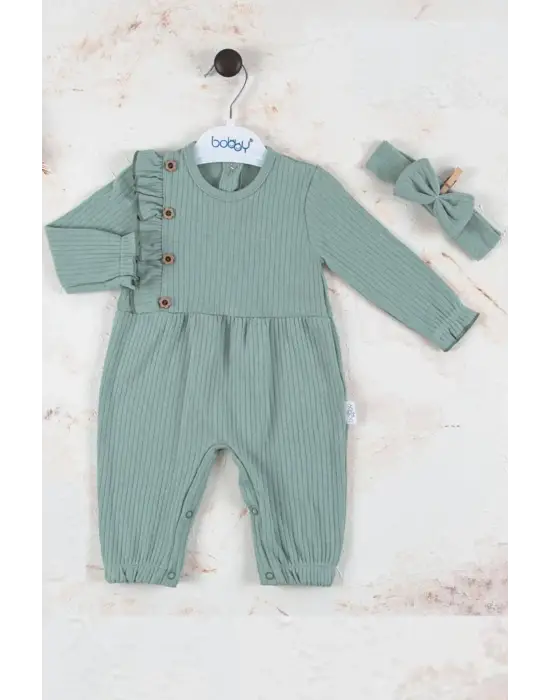 Düğme Detaylı Bandanalı % 100 Pamuk Kız Bebek Tulumu