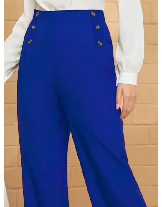 Omarı Düğme Detay Bol Paça Krep Pantolon