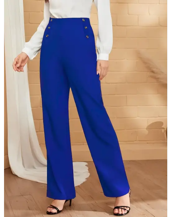 Omarı Düğme Detay Bol Paça Krep Pantolon