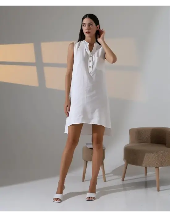 Omarı Çekici Düğme Detaylı Mini Elbise