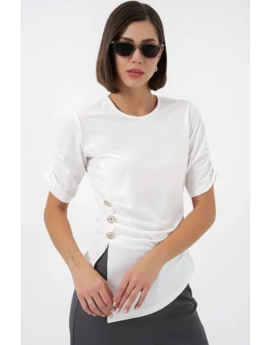 Düğme Detaylı Sandy Bluz 992 - Beyaz