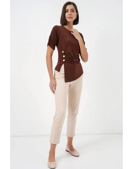 Düğme Detaylı Sandy Bluz 992 - Kahverengi