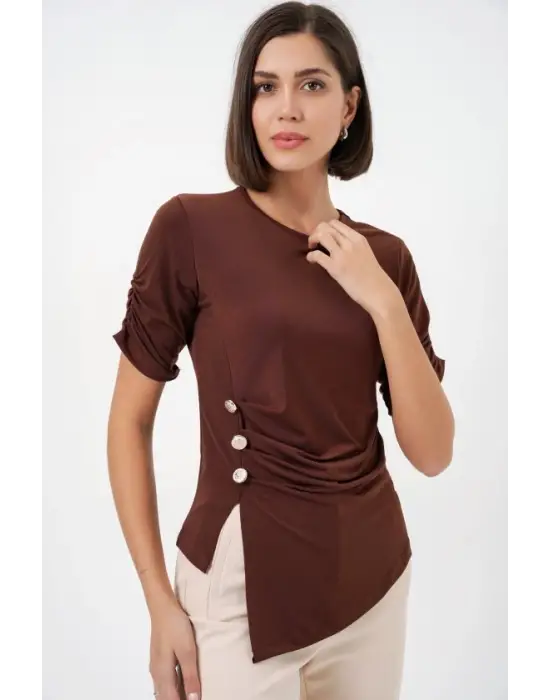 Düğme Detaylı Sandy Bluz 992 - Kahverengi
