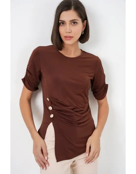 Düğme Detaylı Sandy Bluz 992 - Kahverengi