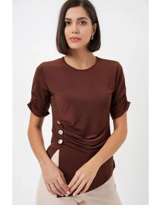 Düğme Detaylı Sandy Bluz 992 - Kahverengi