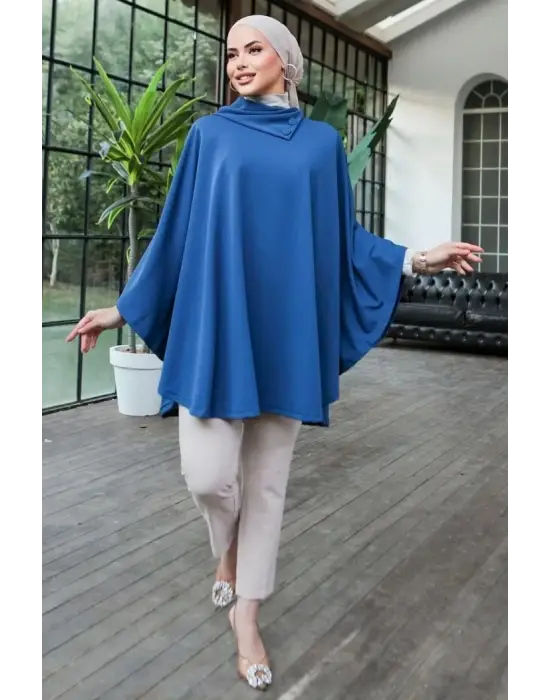 Omarı Şık Mavi Şal Yaka Panço