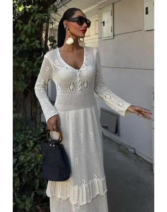 Omarı Etnik Desenli Kat Etekli Elbise