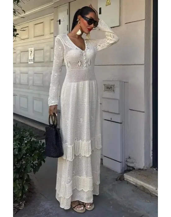 Omarı Etnik Desenli Kat Etekli Elbise