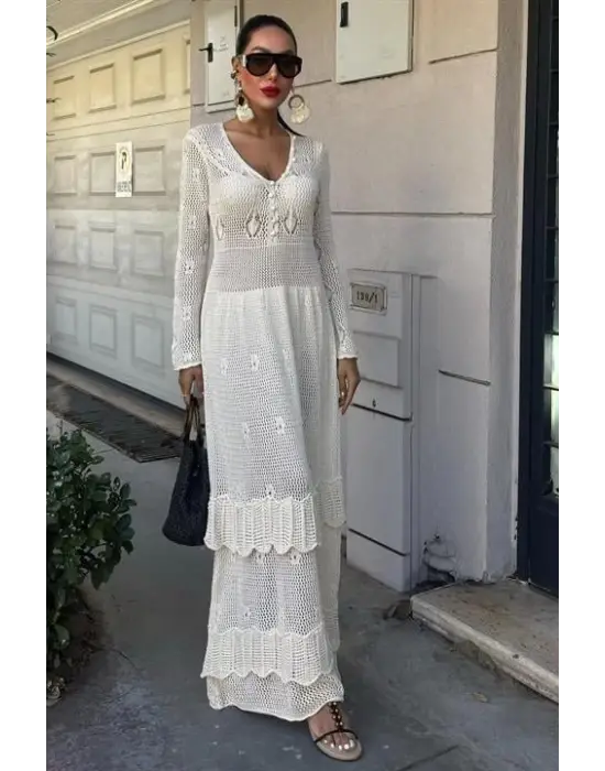 Omarı Etnik Desenli Kat Etekli Elbise