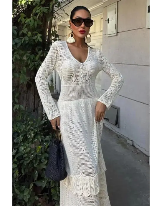 Omarı Etnik Desenli Kat Etekli Elbise