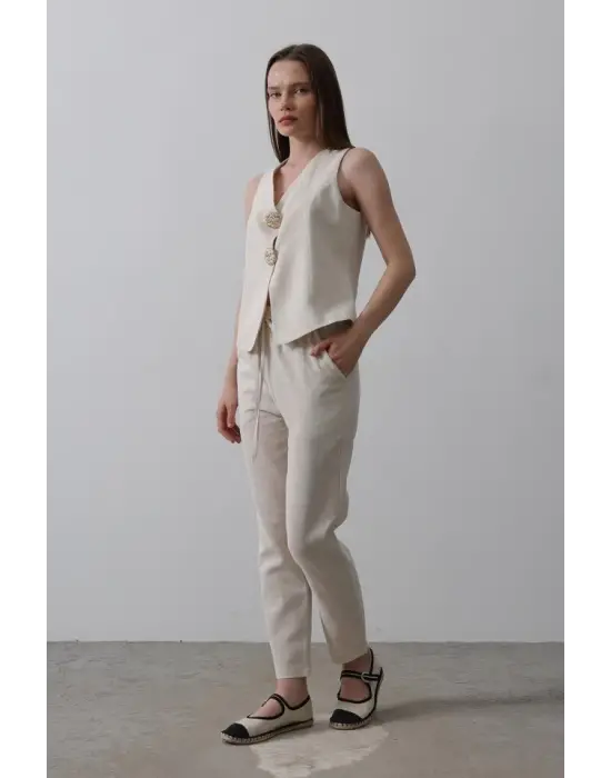 Düğme Detaylı Yelek - Krem