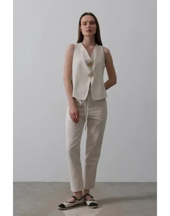 Düğme Detaylı Yelek - Krem