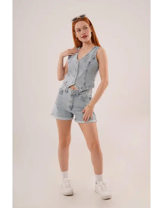 Düğme Ve Ön Dikiş Detaylı Mavi Jean Yelek