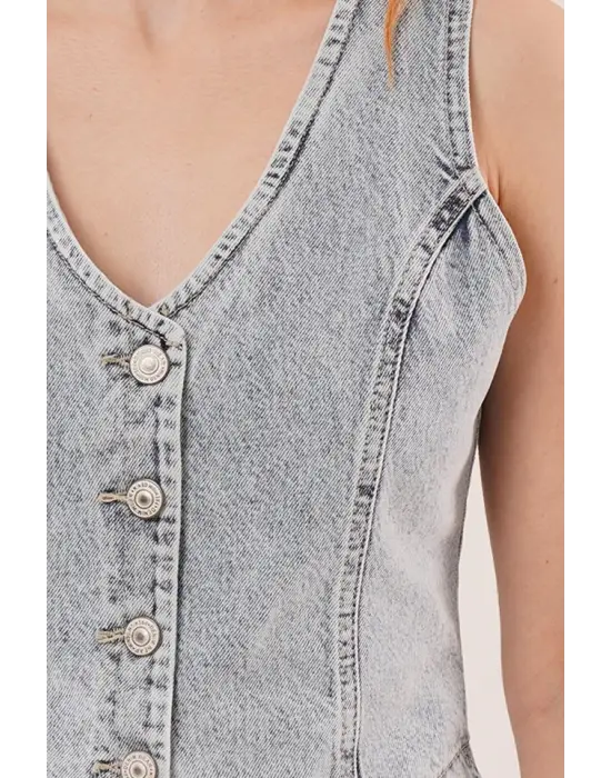 Düğme Ve Ön Dikiş Detaylı Mavi Jean Yelek