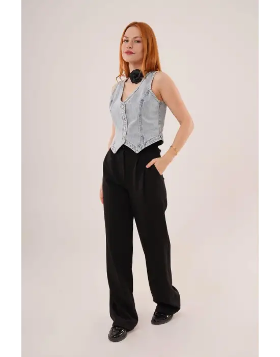 Düğme Ve Ön Dikiş Detaylı Mavi Jean Yelek