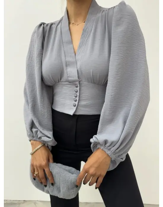 Omarı Gri Balon Kol Crop Bluz