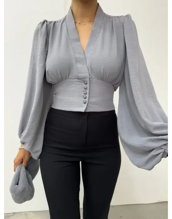 Omarı Gri Balon Kol Crop Bluz