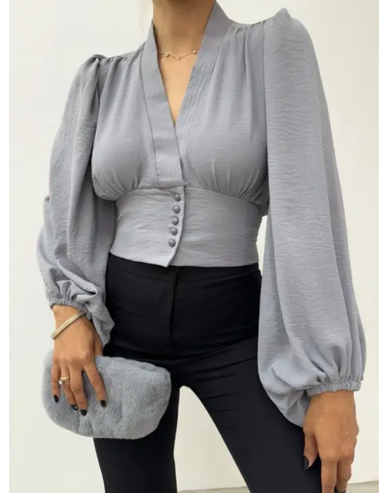 Gri Düğmeli Arkası Lastikli Balon Kol Crop Kadın Giyim