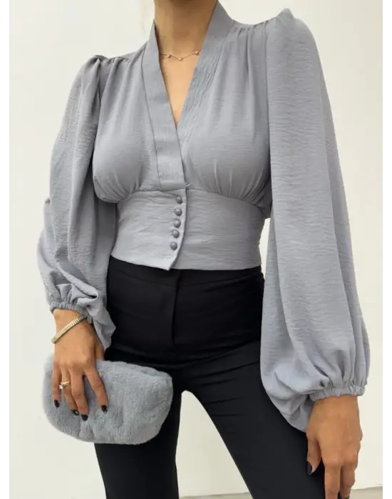 Omarı Gri Balon Kol Crop Bluz