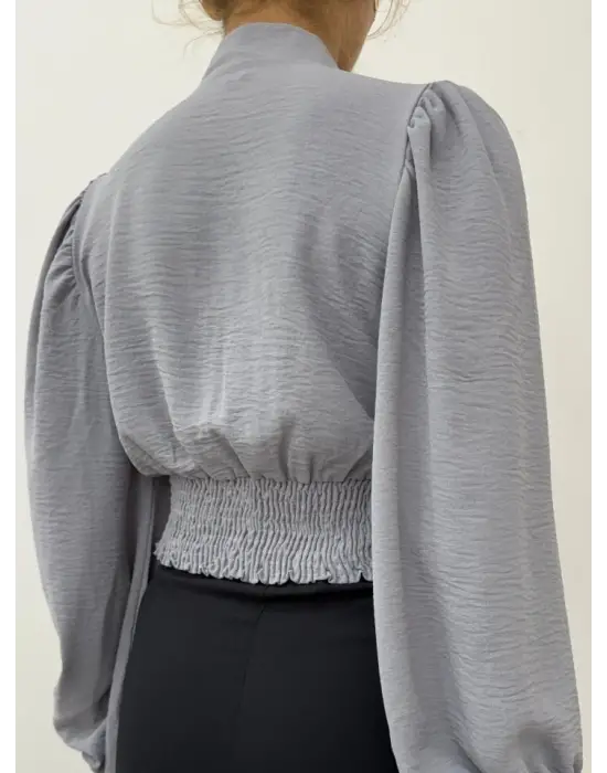 Gri Düğmeli Arkası Lastikli Balon Kol Crop Kadın Giyim