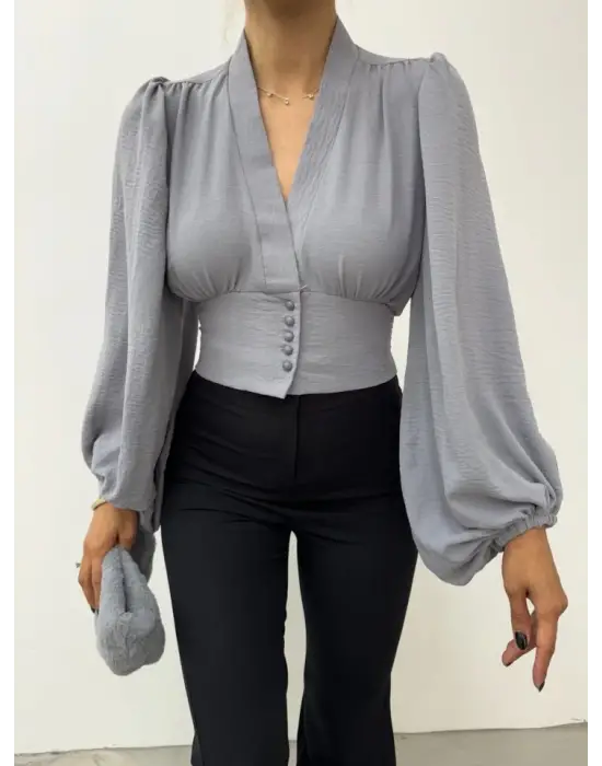 Omarı Gri Balon Kol Crop Bluz