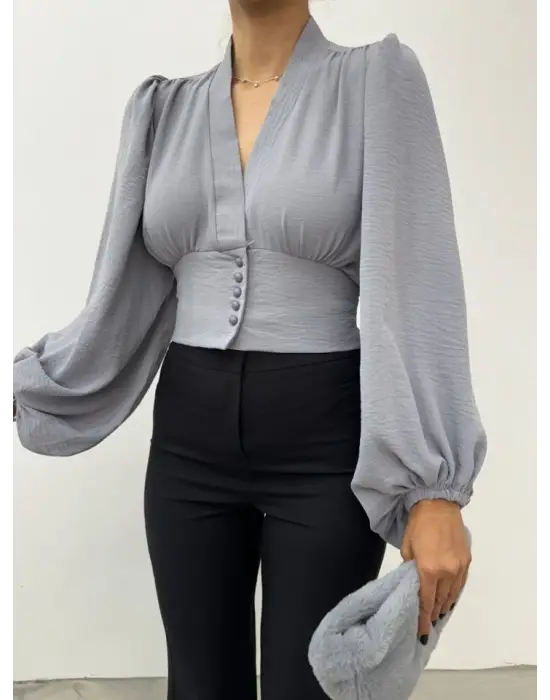 Gri Düğmeli Arkası Lastikli Balon Kol Crop Kadın Giyim