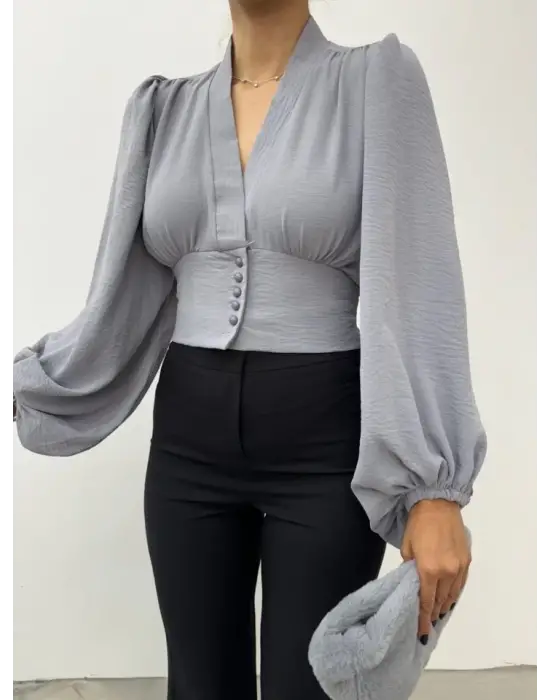 Omarı Gri Balon Kol Crop Bluz