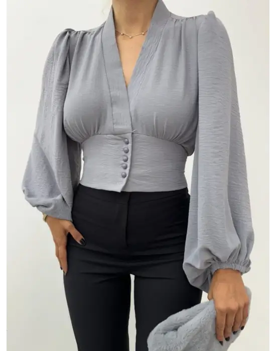 Gri Düğmeli Arkası Lastikli Balon Kol Crop Kadın Giyim