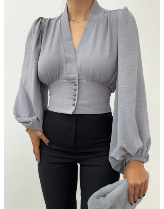 Omarı Gri Balon Kol Crop Bluz