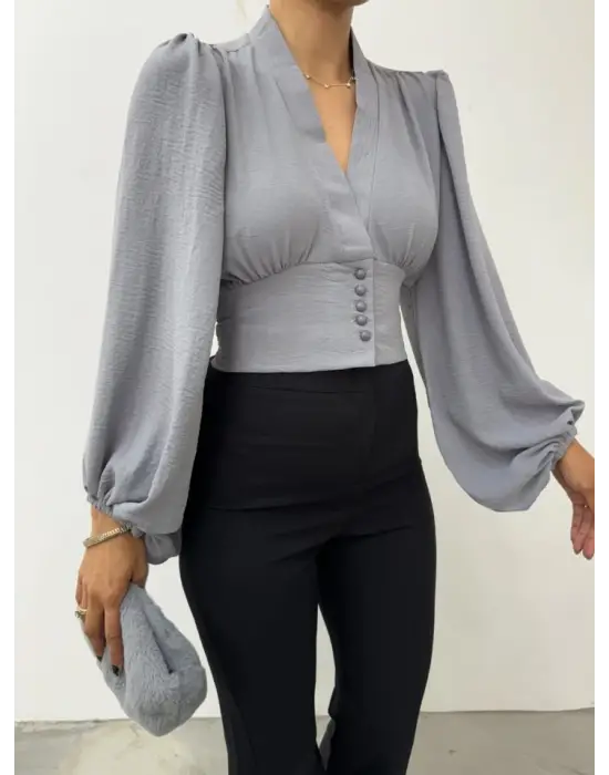 Gri Düğmeli Arkası Lastikli Balon Kol Crop Kadın Giyim