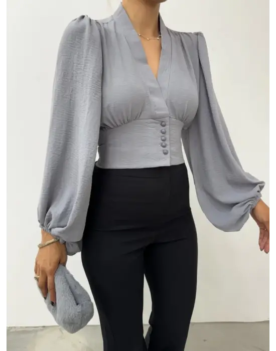 Omarı Gri Balon Kol Crop Bluz