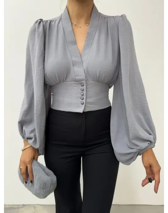Omarı Gri Balon Kol Crop Bluz